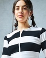 Shop Women's White & Black Striped Slim Fit Zipper Short Top
