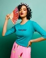 Shop WONDER WOMAN RETRO STRIPE Round Neck 3/4 Sleeve T-Shirt Tropical Blue (DCL)-Front