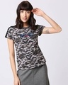 Shop WONDER WOMAN RETRO STRIPE Shoulder Sleeves Panel Half Sleeves Camo T-Shirt Black (DCL)-Front