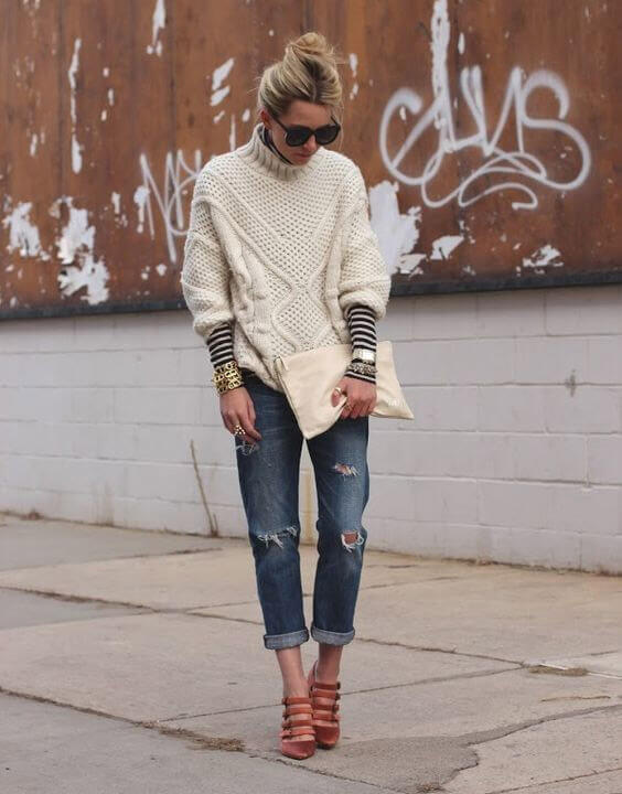 Turtle Neck Sweater with Distressed Jeans