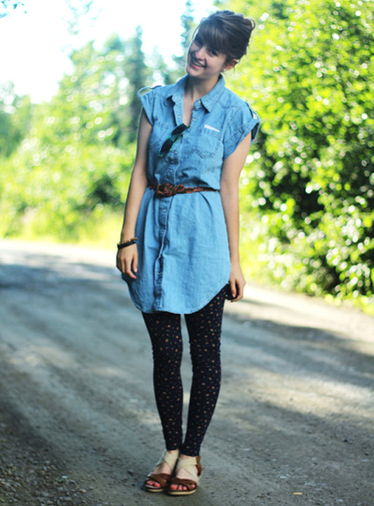 blue jean shirt with black leggings