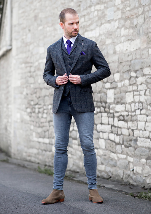 blue suit with grey shoes