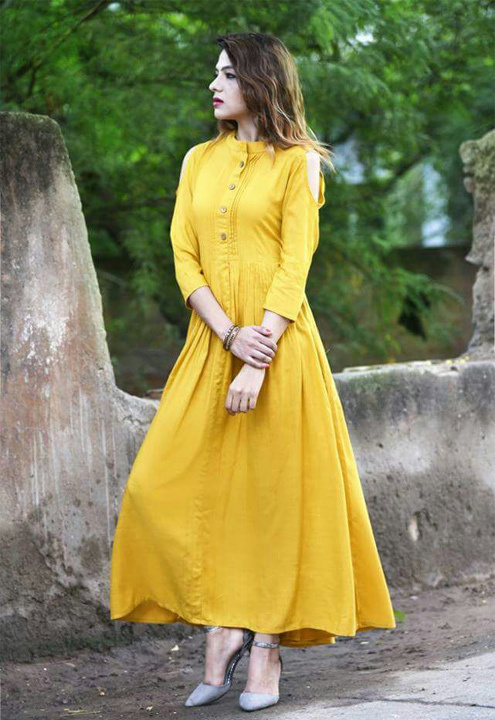 Buy Women's Rayon Indo Western Printed Anarkali Front Slit Sleeveless Kurti  (Yellow-X-Large) at Amazon.in