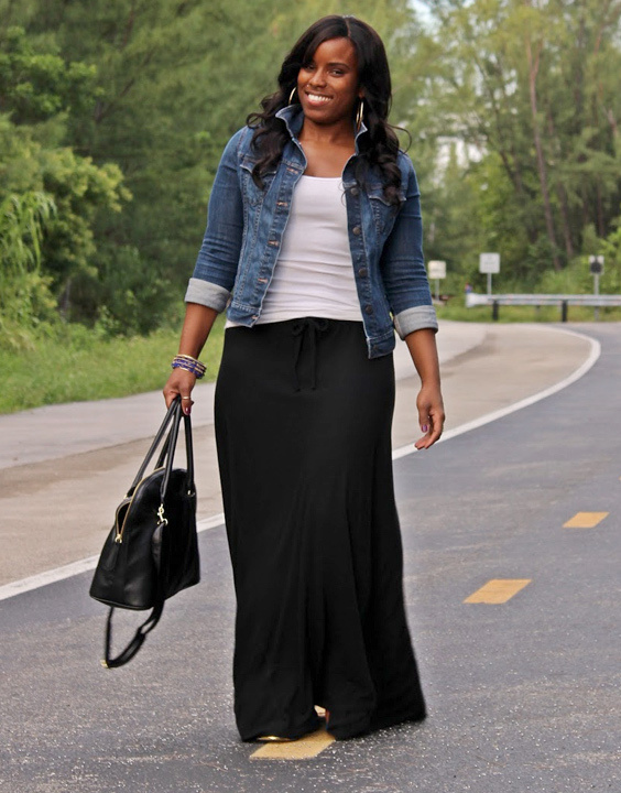 outfits with black maxi skirt