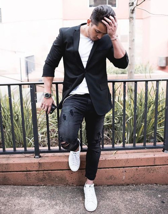 black blazer with white shoes