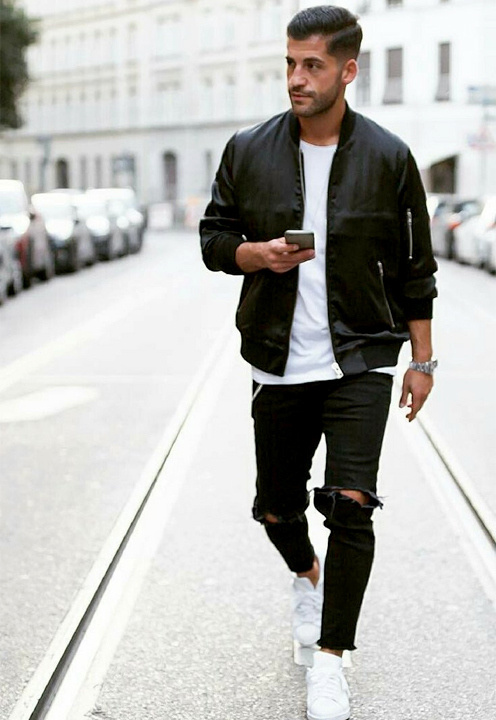 Black bomber jacket store outfit mens