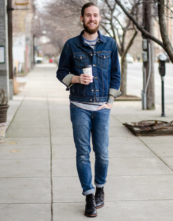 Blue denim shop jacket outfit mens