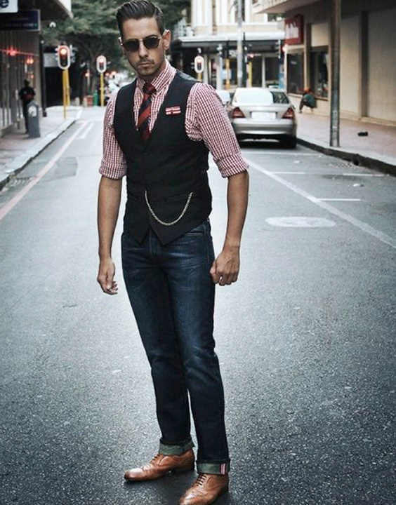 black jeans and waistcoat