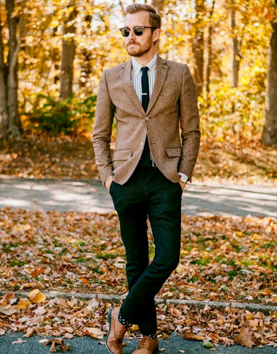 black shirt and pant with brown blazer