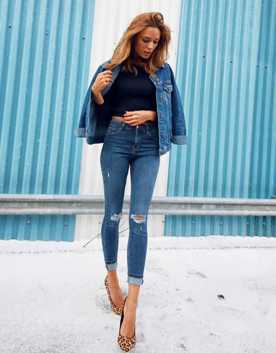 denim jacket and black jeans outfit