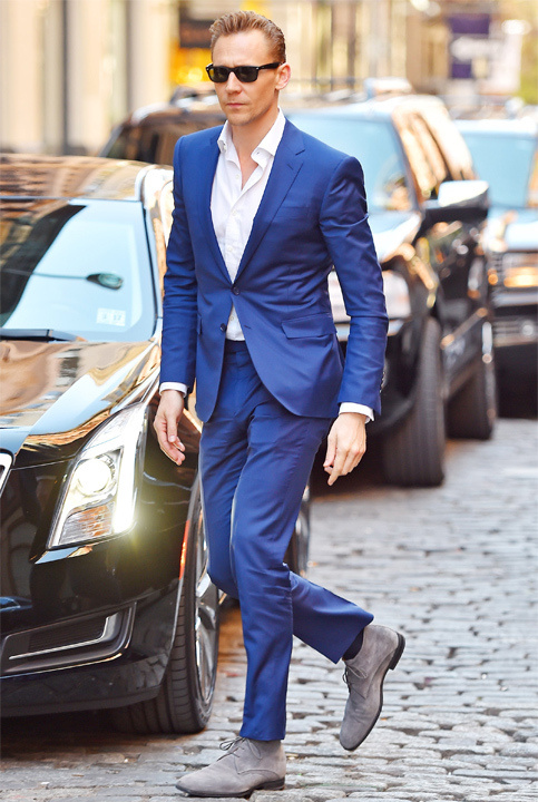 grey suit with blue shoes