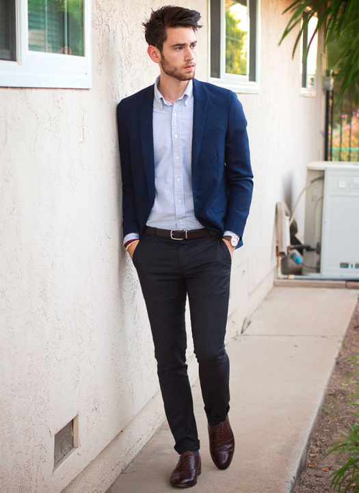 black pant and shirt with blue blazer