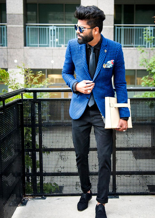 black pant and blue shirt combination