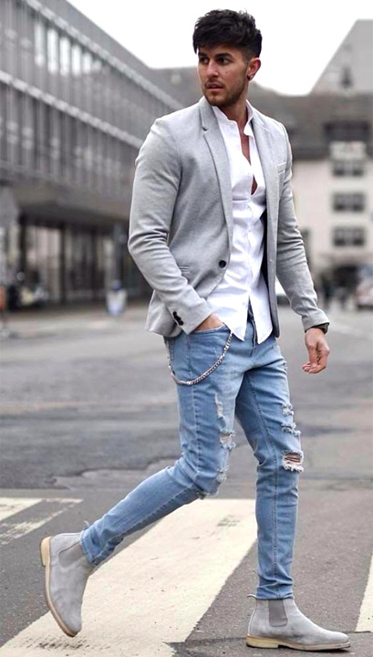 grey blazer white shirt blue jeans