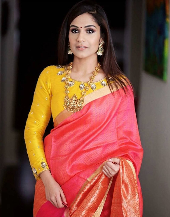 Yellow And Red Crystal Work Net And Faux Georgette Saree -