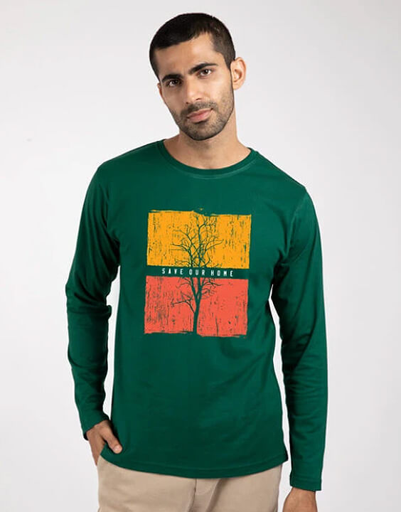 Printed Green Full Sleeve T Shirts for Men