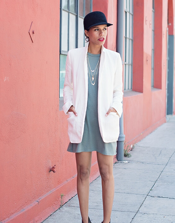 Gray t shirt dress with white coat | Bewakoof