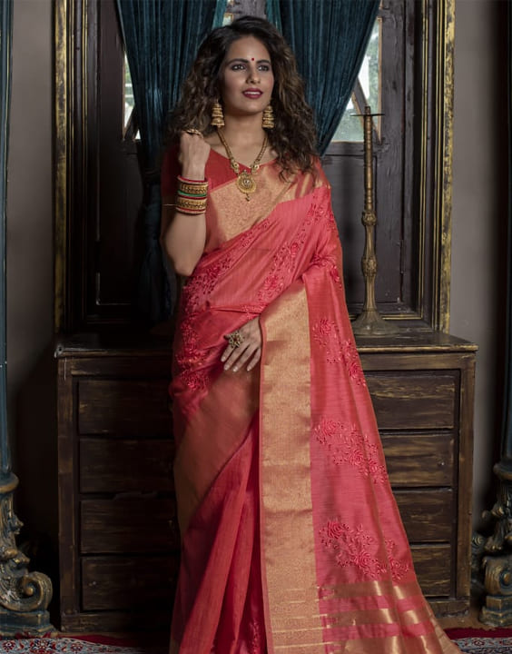 Embroidered,lace Silk Saree in Gajari with Blouse - SR23274