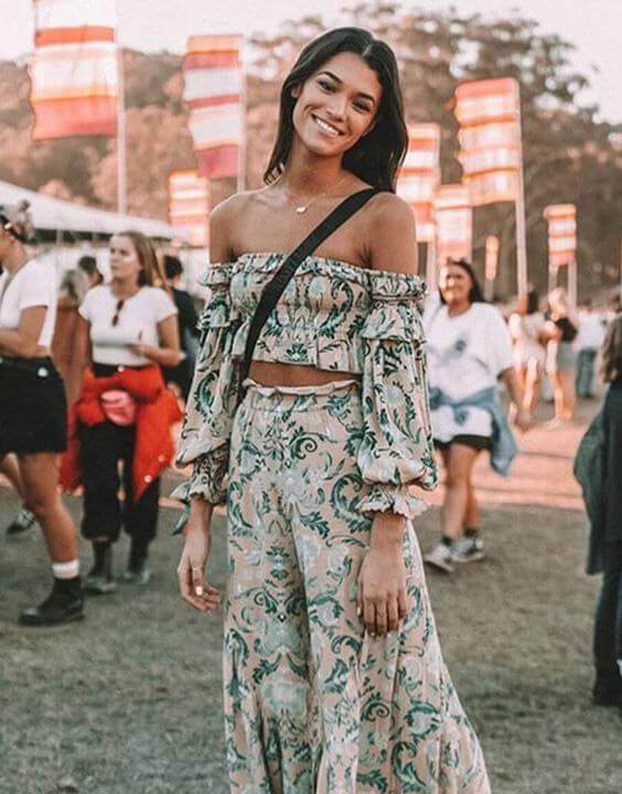 off the shoulder top and beach pants