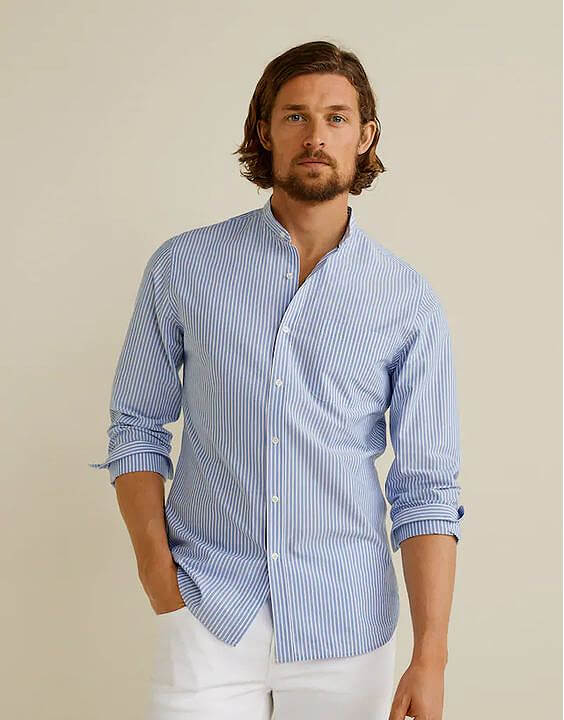 blue mandarin shirt combination