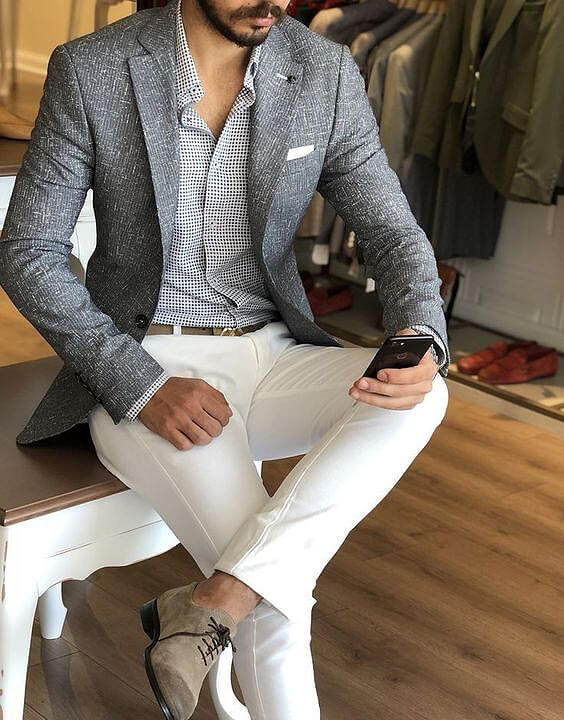 white jeans grey blazer